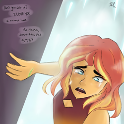 Size: 1080x1080 | Tagged: safe, artist:_denart, derpibooru import, sunset shimmer, equestria girls, clothes, female, looking down, offscreen character, open mouth, solo, talking