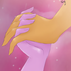 Size: 1080x1080 | Tagged: safe, artist:_denart, derpibooru import, sci-twi, sunset shimmer, twilight sparkle, equestria girls, female, holding hands, lesbian, scitwishimmer, shipping, signature, sunsetsparkle