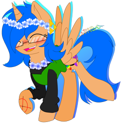 Size: 3000x3000 | Tagged: safe, artist:juliet-gwolf18, derpibooru import, oc, oc only, alicorn, pony, alicorn oc, blushing, clothes, eyes closed, floral head wreath, flower, horn, signature, simple background, smiling, solo, tattoo, transparent background, wings