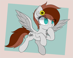 Size: 3500x2800 | Tagged: safe, artist:starmaster, derpibooru import, oc, oc only, oc:becca, pegasus, pony, chest fluff, ear fluff, ears, eye clipping through hair, female, flower, flower in hair, flying, mare, no pupils, solo, spread wings, wings