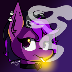 Size: 4000x4000 | Tagged: safe, artist:professionalpuppy, derpibooru import, oc, oc only, oc:nightshade, pony, ear fluff, ear piercing, earring, ears, jewelry, piercing, smoking, solo