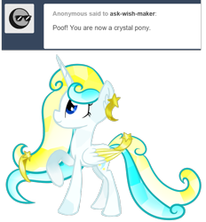 Size: 849x916 | Tagged: safe, artist:ask-wish-maker, derpibooru import, oc, oc:wish maker, alicorn, crystal pony, pony, ask wish maker, crystallized, female, mare, solo, two toned wings, wings