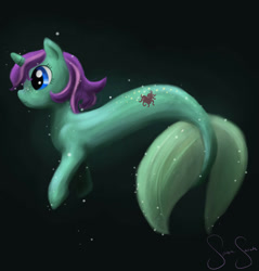 Size: 1136x1190 | Tagged: safe, artist:suiren-sarah, derpibooru import, oc, oc only, merpony, pony, seapony (g4), unicorn, black background, blue eyes, bubble, deviantart watermark, female, fish tail, horn, obtrusive watermark, ocean, seaponified, signature, simple background, solo, species swap, swimming, tail, underwater, water, watermark