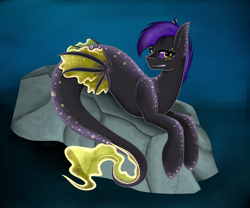 Size: 2300x1915 | Tagged: safe, artist:mailner, derpibooru import, oc, oc only, merpony, seapony (g4), fins, fish tail, golden eyes, looking at you, multicolored eyes, ocean, purple mane, rock, sky, solo, tail, teeth, water