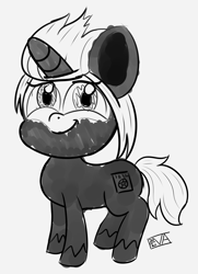Size: 1916x2640 | Tagged: safe, artist:evan555alpha, ponybooru exclusive, oc, oc only, oc:s.leech, unicorn, my little pony: pony life, big ears, big eyes, big head, big horn, black coat, cutie mark, ears, facial markings, female, pentagram, pony life accurate, signature, simple background, sketch, smiling, solo, white background, white mane, white tail