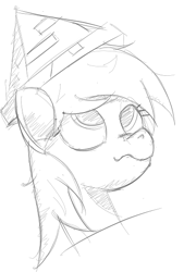 Size: 362x534 | Tagged: safe, artist:anonymous, ponerpics import, derpy hooves, pony, black and white, bust, female, grayscale, hat, looking up, mare, monochrome, newspaper hat, paper hat, portrait, scrunchy face, sketch, solo
