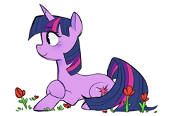 Size: 1403x925 | Tagged: safe, artist:littiaye, edit, ponerpics import, twilight sparkle, pony, unicorn, crossed hooves, female, flower, horn, lying down, mare, prone, side view, simple background, smiling, solo, tulip, white background