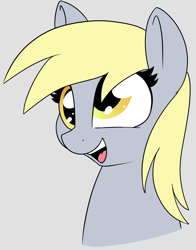 Size: 1484x1894 | Tagged: safe, artist:axlearts, derpy hooves, pegasus, pony, bust, female, gray background, mare, open mouth, portrait, simple background, solo