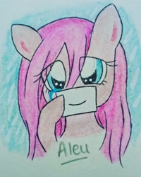 Size: 1080x1350 | Tagged: safe, artist:aleuoliver, derpibooru import, pinkie pie, earth pony, pony, bust, crying, eyelashes, fake smile, female, hoof hold, mare, pinkamena diane pie, solo, traditional art