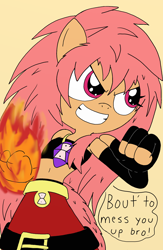 Size: 1336x2048 | Tagged: safe, artist:tenebrousmelancholy, derpibooru import, oc, oc:strength, anthro, earth pony, clothes, female, fire, fist, solo, solo female, text