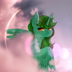 Size: 1080x1080 | Tagged: safe, artist:nel_liddell, derpibooru import, oc, oc only, alicorn, pony, alicorn oc, bust, cloud, ear fluff, ears, eyelashes, horn, looking back, solo, wings