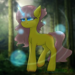 Size: 1080x1080 | Tagged: safe, artist:nel_liddell, derpibooru import, oc, oc only, pony, unicorn, eyelashes, forest, glowing horn, horn, outdoors, smiling, solo, tree, unicorn oc