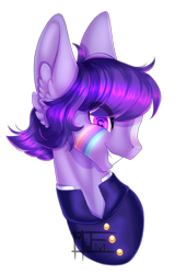 Size: 1772x2772 | Tagged: safe, artist:minelvi, derpibooru import, oc, oc only, earth pony, pony, bust, clothes, ear fluff, ears, earth pony oc, eye clipping through hair, grin, signature, simple background, smiling, solo, tattoo, transparent background