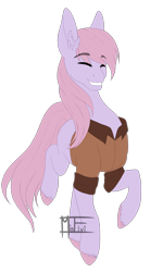 Size: 2058x3726 | Tagged: safe, artist:minelvi, derpibooru import, oc, oc only, earth pony, pony, clothes, colored hooves, ear fluff, ears, earth pony oc, eyes closed, grin, raised hoof, raised leg, signature, simple background, smiling, solo, transparent background