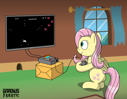 Size: 1776x1388 | Tagged: safe, artist:gradiusfanatic, derpibooru import, fluttershy, pegasus, pony, female, nintendo entertainment system, playing, star soldier, video game