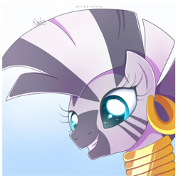 Size: 1024x1024 | Tagged: safe, artist:nnaly, derpibooru import, zecora, zebra, bust, cute, ear piercing, earring, female, grin, jewelry, mare, neck rings, piercing, portrait, signature, smiling, solo, sparkly eyes, zecorable