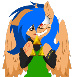 Size: 3800x4000 | Tagged: safe, artist:juliet-gwolf18, derpibooru import, oc, oc only, alicorn, pony, alicorn oc, bust, clothes, eyelashes, eyes on the prize, female, glasses, glowing eyes, grin, hoof hold, horn, mare, smiling, solo, tattoo, triforce, wings