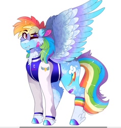 Size: 833x878 | Tagged: safe, artist:aaa-its-spook, derpibooru import, rainbow dash, pegasus, pony, alternate hairstyle, backwards cutie mark, bandaid, chest fluff, clothes, female, jersey, leg warmers, mare, one eye closed, redesign, simple background, solo, unshorn fetlocks, white background, wink