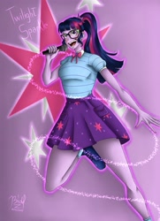 Size: 2893x3996 | Tagged: safe, artist:bidzinha, derpibooru import, sci-twi, twilight sparkle, equestria girls, clothes, microphone, open mouth, shoes, singing, skirt, solo, teeth