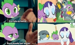 Size: 720x433 | Tagged: safe, derpibooru import, edit, edited screencap, screencap, gabby, rarity, spike, dragon, pony, unicorn, dragon dropped, secret of my excess, bisexual, female, lesbian, life is good but it can be better, male, meme, polyamory, shipping, spabby, spanish, sparibby, sparity, spike gets all the mares, straight, wonder woman 1984