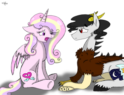 Size: 2502x1920 | Tagged: safe, artist:souleater-love, derpibooru import, oc, oc:princessa amore nell'aria, oc:vandal, alicorn, draconequus, hybrid, pony, duo, female, interspecies offspring, male, offspring, parent:discord, parent:princess cadance, parent:princess celestia, parent:shining armor, parents:dislestia, parents:shiningcadance, simple background, white background