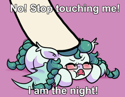 Size: 1096x852 | Tagged: safe, artist:paperbagpony, derpibooru import, oc, oc only, oc:mercy leaf, bat pony, bat pony oc, fangs, glasses, i am the night, image macro, petting, purple background, simple background, size difference, stop touching me