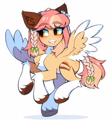 Size: 3722x4096 | Tagged: safe, artist:kirionek, derpibooru import, oc, oc only, original species, pegasus, braid, ear fluff, ears, human head pony, pegasus oc, simple background, solo, underhoof, unshorn fetlocks, white background, wings