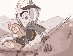 Size: 1200x917 | Tagged: safe, artist:raps, derpibooru import, marble pie, earth pony, pony, baseball cap, boots, butt scootin', cap, clothes, destruction, female, giant pony, giantess, hat, hoodie, hoof boots, macro, mountain, onomatopoeia, scooting, shoes, solo, sound effects