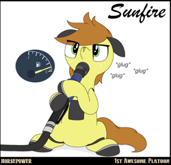 Size: 2048x1977 | Tagged: safe, artist:ethanchang, derpibooru import, car pony, original species, pony, 1st awesome platoon, drinking, female, fuel gauge, gas pump, mare, onomatopoeia, ponified, pontiac, pontiac sunfire, simple background, solo, white background