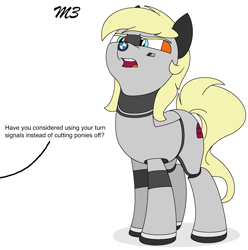 Size: 965x971 | Tagged: safe, artist:ethanchang, derpibooru import, car pony, original species, pony, 1st awesome platoon, bmw, bmw m3, dialogue, female, mare, offscreen character, ponified, simple background, solo, white background