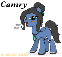 Size: 1088x1003 | Tagged: safe, artist:ethanchang, derpibooru import, car pony, original species, pony, 1st awesome platoon, air freshener, badge, female, looking at you, mare, onomatopoeia, ponified, simple background, solo, toyota, toyota camry, white background