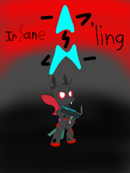 Size: 3072x4096 | Tagged: safe, artist:theunidentifiedchangeling, derpibooru import, oc, oc only, oc:[unidentified], changeling, bipedal, blood, gun, horn, implied murder, looking at you, male, red wings, solo, weapon, wings