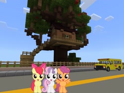 Size: 2048x1536 | Tagged: safe, artist:thatguy1945, artist:topsangtheman, derpibooru import, apple bloom, scootaloo, sweetie belle, earth pony, pegasus, pony, unicorn, topsangtheman's minecraft server, clubhouse, crusaders clubhouse, looking at you, minecraft, school bus
