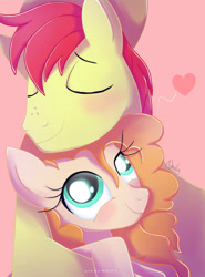 Size: 1024x1382 | Tagged: safe, artist:nnaly, derpibooru import, bright mac, pear butter, earth pony, pony, brightbutter, eyes closed, female, heart, male, mare, shipping, simple background, stallion, straight