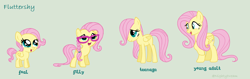 Size: 2336x736 | Tagged: safe, artist:nightydream, derpibooru import, fluttershy, pegasus, pony, 5-year-old, age progression, female, filly, filly fluttershy, glasses, simple background, younger