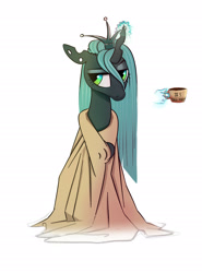 Size: 1700x2300 | Tagged: safe, artist:imadeoos, derpibooru import, queen chrysalis, changeling, changeling queen, clothes, coffee, coffee mug, crown, cute, cutealis, female, hand, horn, jewelry, magic, magic hands, messy mane, morning ponies, mug, regalia, robe, simple background, solo, telekinesis, tired, towel, white background