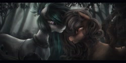 Size: 2780x1400 | Tagged: safe, artist:ventious, derpibooru import, oc, oc only, oc:leonie, oc:nighttide star, cyborg, pegasus, pony, brown eyes, crying, curly hair, curly mane, depth of field, detailed background, duo, duo female, female, forest, frizzy hair, hair over one eye, looking at each other, mare, moss, pegasus oc, prosthetic limb, prosthetics, spanish moss, swamp, violet eyes, wings, wooden wings