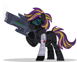 Size: 1280x1042 | Tagged: safe, artist:mlp-trailgrazer, derpibooru import, oc, oc:brass scribe, pony, armor, broken horn, horn, male, simple background, solo, stallion, transparent background, weapon, winter soldier