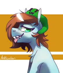 Size: 1255x1440 | Tagged: safe, artist:anticular, derpibooru import, oc, oc only, oc:neko, earth pony, pony, bust, female, hat, looking at you, mare, profile, sharp teeth, solo, teeth, tongue out