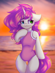 Size: 1200x1600 | Tagged: safe, artist:falafeljake, derpibooru import, oc, pony, unicorn, beach, clothes, hip fluff, one-piece swimsuit, pink mane, shoulder fluff, solo, summer, sunset, swimsuit