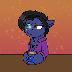 Size: 1000x1000 | Tagged: safe, artist:rokosmith26, derpibooru import, part of a set, oc, oc only, oc:nightshade, earth pony, pony, annoyed, brown eyes, cheek fluff, chest fluff, clothes, coffee, coffee mug, commission, cup, ears, floppy ears, fluffy, glowing eye, holding, jewelry, male, mug, necklace, scar, shirt, simple background, solo, stallion, table, ych result