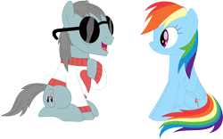 Size: 3571x2235 | Tagged: safe, artist:porygon2z, derpibooru import, rainbow dash, oc, oc:nosight, earth pony, pegasus, pony, clothes, duo, earth pony oc, female, heart, no eyes, open mouth, simple background, sitting, sunglasses, sweater, transparent background, vector