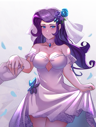 Size: 800x1058 | Tagged: safe, artist:tzc, derpibooru import, rarity, human, anime, bedroom eyes, blushing, breasts, bride, clothes, dress, evening gloves, female, gloves, grin, humanized, implied marriage, jewelry, long gloves, marriage, offscreen character, raritits, ring, smiling, solo, veil, wedding, wedding dress