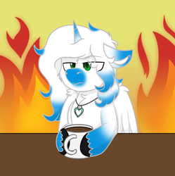 Size: 996x1000 | Tagged: safe, artist:rokosmith26, derpibooru import, part of a set, oc, oc only, oc:skyduster, alicorn, pony, annoyed, cheek fluff, chest fluff, coffee, coffee mug, commission, cup, ears, fire, floppy ears, fluffy, green eyes, horn, jewelry, male, mug, necklace, simple background, solo, stallion, table, this is fine, wings, ych result