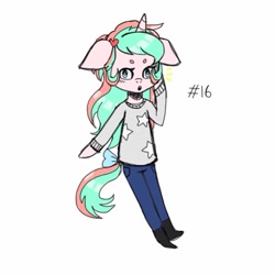 Size: 640x640 | Tagged: safe, artist:cinnavee, derpibooru import, oc, oc only, anthro, unicorn, arm hooves, clothes, female, horn, pants, shoes, simple background, solo, unicorn oc, white background