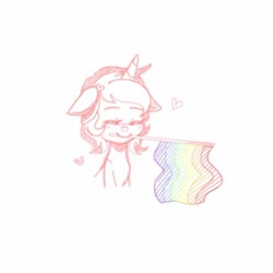 Size: 612x612 | Tagged: safe, artist:cinnavee, derpibooru import, oc, oc only, pony, unicorn, bust, eyes closed, flag, gay pride flag, heart, horn, mouth hold, pride, pride flag, simple background, smiling, solo, unicorn oc, white background