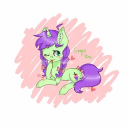 Size: 572x572 | Tagged: safe, artist:cinnavee, derpibooru import, oc, oc only, pony, unicorn, :p, abstract background, blushing, bow, braid, ear fluff, ears, hair bow, heart, horn, lying down, one eye closed, prone, solo, tail bow, tongue out, unicorn oc, wink