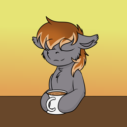 Size: 1000x1000 | Tagged: safe, artist:rokosmith26, derpibooru import, oc, oc only, oc:gallant hymn, pony, bust, chest fluff, coffee, coffee mug, content, cute, ear fluff, ears, eyes closed, fluffy, gradient background, mug, solo, table