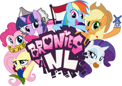 Size: 847x600 | Tagged: safe, derpibooru import, applejack, fluttershy, pinkie pie, rainbow dash, rarity, twilight sparkle, earth pony, pegasus, pony, unicorn, broniesnl, cheese, flag, food, logo, mane six, netherlands, tulip, waffle, windmill