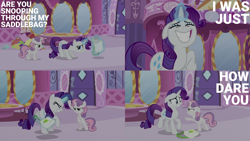 Size: 1986x1117 | Tagged: safe, derpibooru import, edit, edited screencap, editor:quoterific, screencap, rarity, sweetie belle, pony, unicorn, ponyville confidential, angry, bag, bipedal, duo, duo female, ears, eyes closed, female, floppy ears, glowing horn, gritted teeth, horn, magic, magic aura, nervous, saddle bag, solo